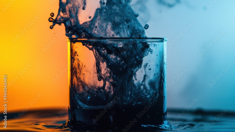 Poster a colorful chemical solution displays striking activity as it interacts with another substance, caus