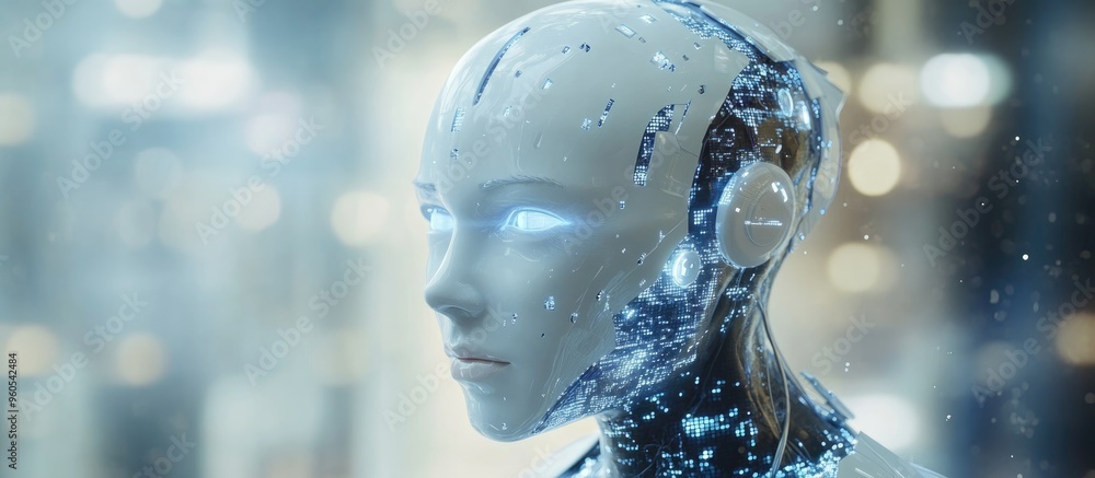 Poster caucasian humanoid figure against a blurred backdrop generating a 3d rendering of artificial intelli