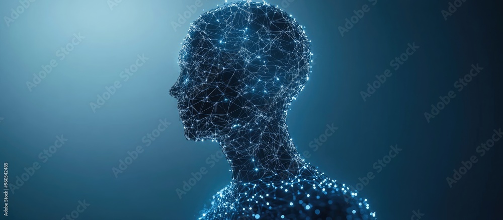 Poster Humanoid figure representing artificial intelligence with a polygonal design of interconnected lines and dots on a blue backdrop