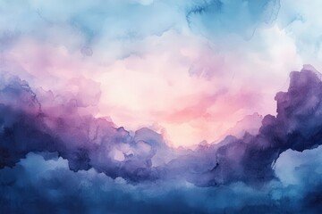 Watercolor background showcasing a blend of blue, purple, and pink shades with a textured sky highlighted by soft clouds