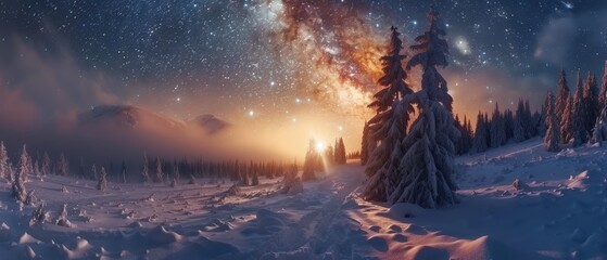 Fototapeta premium Cosmic Majesty: Breathtaking Milky Way Galaxy Over Snowy Forest for Astrophotography Enthusiasts