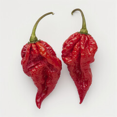 Naga Viper chile pepper fruit group, studio photography white background with soft lights.