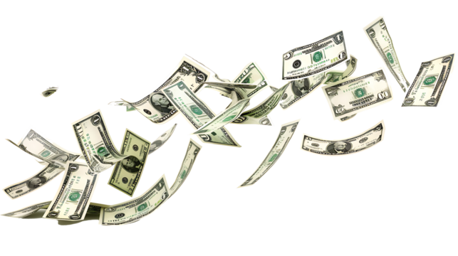 Falling American dollars, isolated on white background,