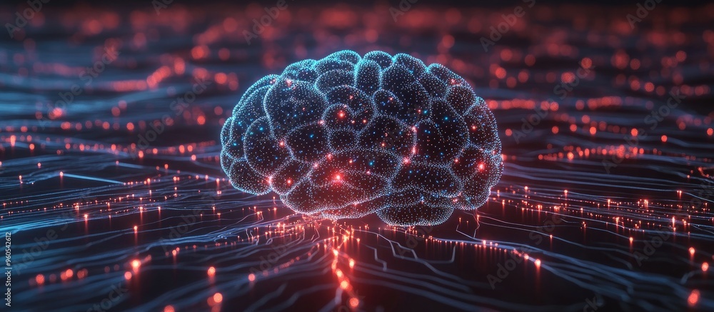 Poster symbol of artificial intelligence featuring a network of connected dots representing human brain int