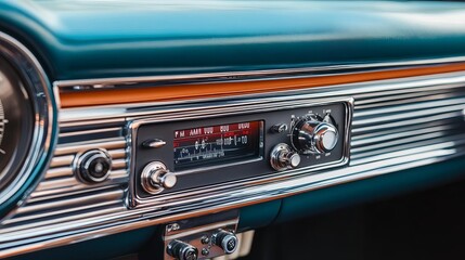 Obraz premium Retro car dashboard with a built-in AMFM radio, highlighting chrome details and classic speedometer, evoking 1950s road trips