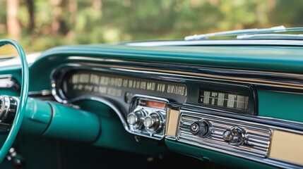 Obraz premium Retro car dashboard with a built-in AMFM radio, highlighting chrome details and classic speedometer, evoking 1950s road trips