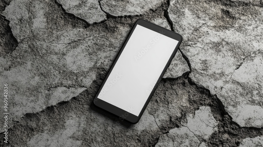 Poster black smartphone with a blank white display resting on a cracked concrete surface overhead view mock