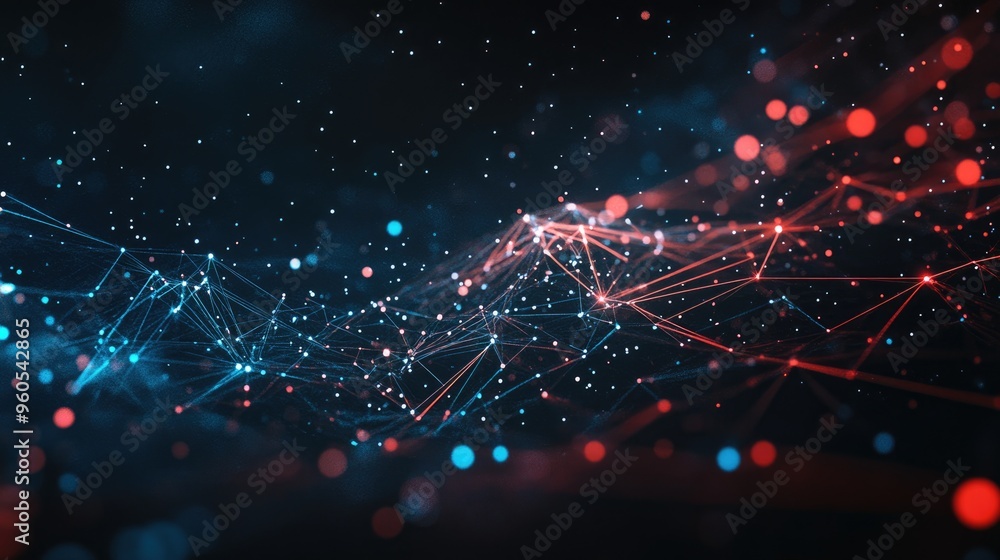 Poster futuristic technology concept featuring a dark background with chaotic lines and dots illustrating a
