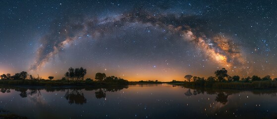 Naklejka premium Celestial Serenity: Stunning Milky Way Astrophotography Over Tranquil River