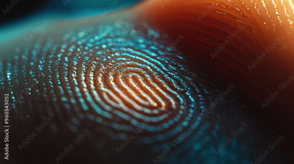 Poster a fingerprint on a fingertip in close-up, illuminated by a glowing effect