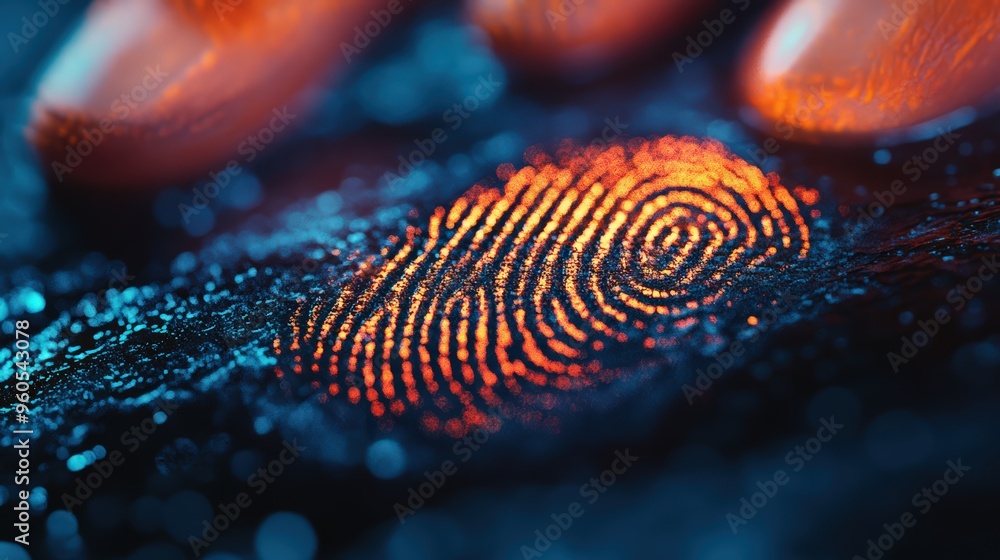 Poster a fingerprint on a fingertip in close-up, illuminated by a glowing effect