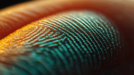 A fingerprint on a fingertip in close-up, illuminated by a glowing effect