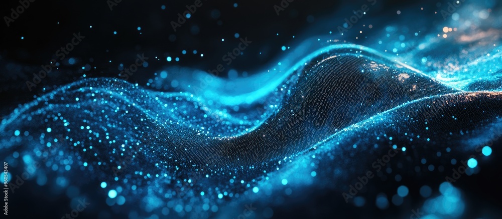 Poster dynamic wave of blue particles futuristic background featuring flowing dots representation of big da