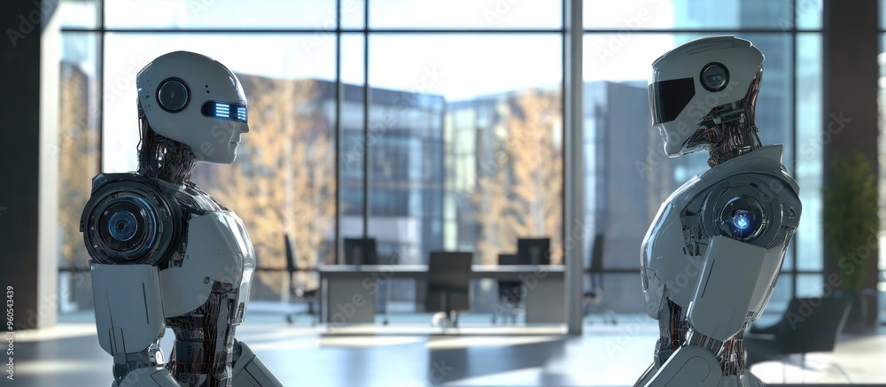 Poster robot businessman facing off in an office setting illustrating a technology confrontation concept th