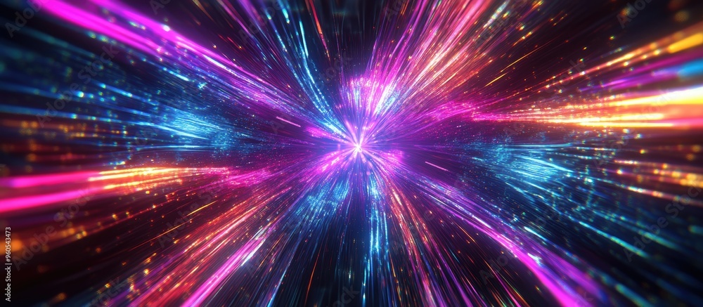 Poster 3d rendering of glowing lines and neon lights creating an abstract psychedelic background with vibra