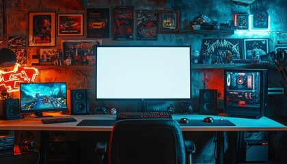 Naklejka premium A Modern Gamer's Workstation with a White Monitor and RGB Lighting