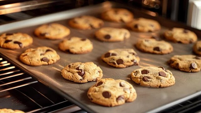Golden brown chocolate chip cookies cooling on a baking sheet fresh out of the oven, filling the kitchen with a warm and inviting aroma