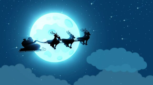 Cartoon silhouette featuring Santa Claus with his reindeer and sleigh soaring in the night sky during a full moon, in a motion graphics format