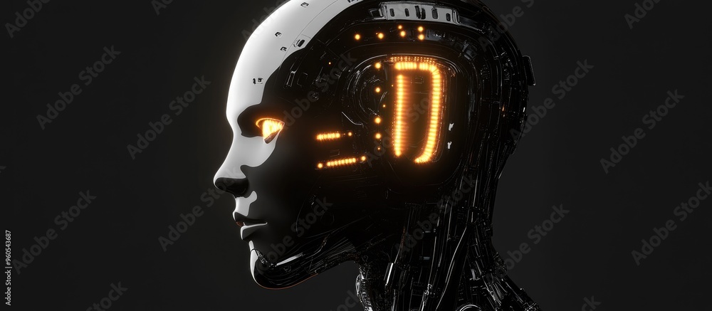 Poster abstract bionic robot head featuring blinking lights technology inspired 3d rendered illustration