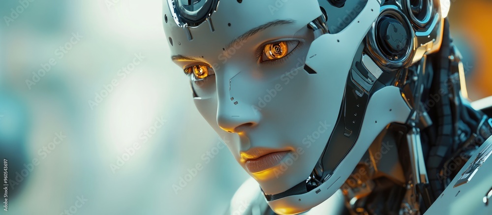 Poster humanoid robot gazing into the camera representing concepts of technology and automation