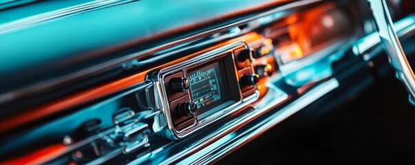 Vintage car dashboard with an integrated radio, showing chrome details and a classic analog speedometer, capturing road trip nostalgia