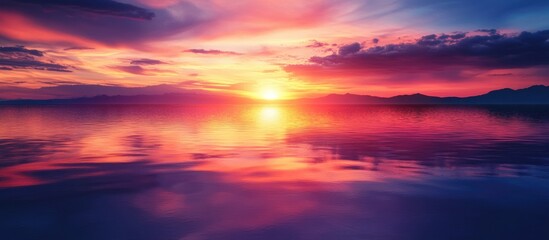 Vibrant sunset casting colorful reflections on calm water creating a serene atmosphere in a tranquil natural setting