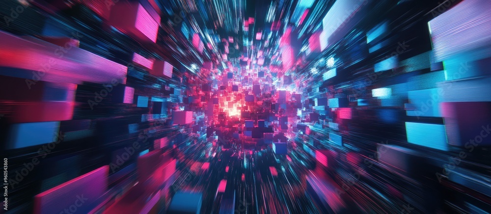 Poster 3D rendering of an AI robot explosion featuring a pixelated visual effect