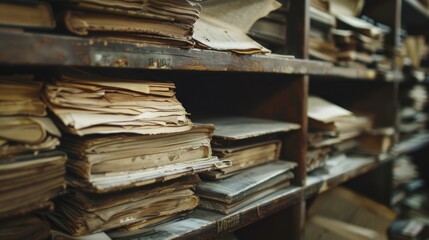 Obraz premium Old Documents. Vintage Library Cabinet with Antique Business Paperwork on Rack Shelf Background