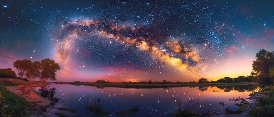 Serene Beauty: Milky Way Galaxy Above Tranquil River in - Ideal for Astrophotography Portfolios