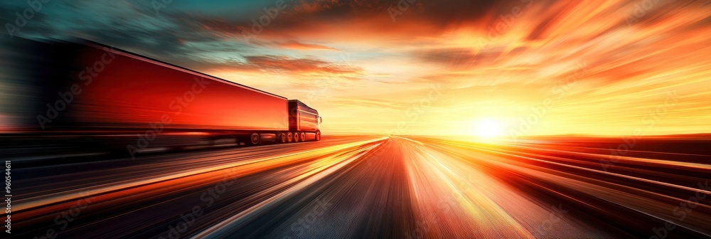 Wall mural as the sun sets in a blaze of orange and gold, a truck moves swiftly down the highway, embodying the