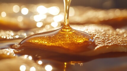 Golden pancakes dripping with maple syrup, shot in close-up to capture the irresistible texture and warm, inviting aroma