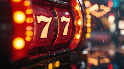 A brightly colored slot machine in a casino with chips flying around