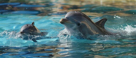 Obraz premium Playful Dolphin Mother Teaching Cute Calf Swimming in Ocean Waters