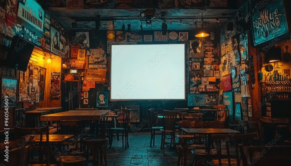 Poster empty chairs and tables in a dimly lit bar with a blank screen