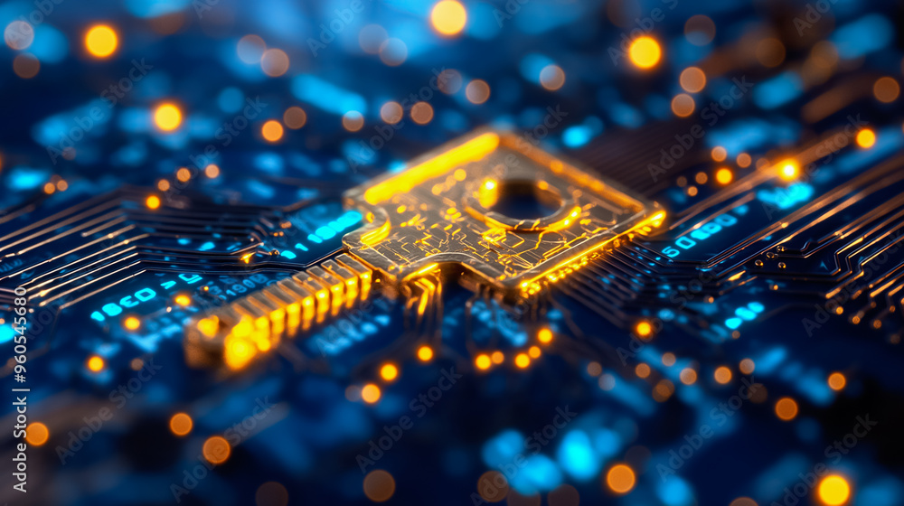 Poster a glowing key design stands out on a dark circuit board filled with intricate electronic pathways, r