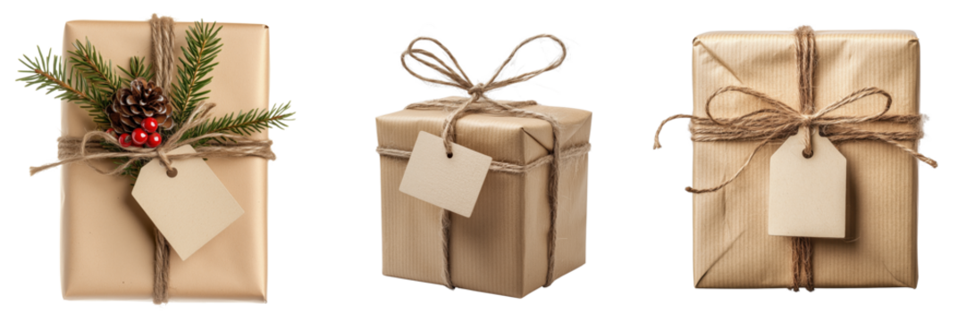 set of a Christmas gift with a handmade tag and twine bow on a transparent background