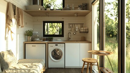 Cozy Tiny House Kitchen with Concealed Dishwasher and Beautiful Wood Detailing