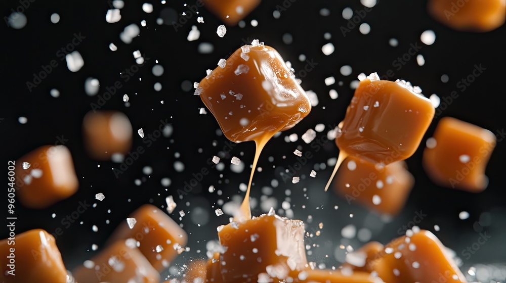 Wall mural Salty caramel candy flying through the air, with salt crystals and caramel sauce cascading down, creating a dynamic, delicious scene