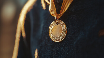 Close-Up of Gold Medal on Person's Chest with Ribbon - Highlight on Intricate Design