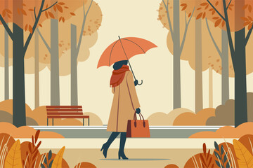 Autumn season. Woman under umbrella in autumn park. Vector illustration in minimalistic style.