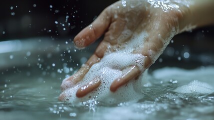 Fototapeta premium Close-up view of hands using luxurious shampoo, with foamy bubbles and a smooth texture