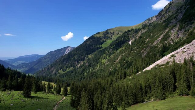 4K Aerial Drone video of the most beautiful mountain lake Schrecksee in Bavarian Alps with the cows feeding on lush green grass on a sunny day with blue skies and rocky hill tops surrounding