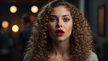 Surprised woman with curly hair and red lipstick in spotlight.