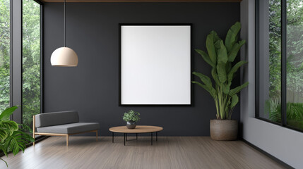 A 3D picture showing a poster frame in a trendy, modern room.