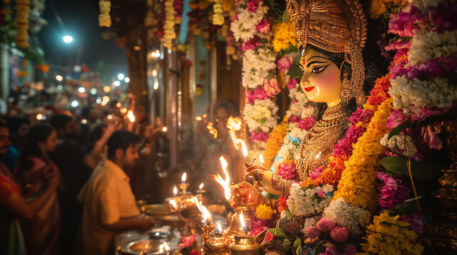 Navaratri festival, a huge idol of Goddess Durga adorned with colorful flowers and golden clothes, crowds of devotees carrying offerings while lighting oil lamps around it, Ai generated images