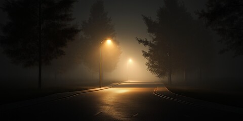 A misty street with glowing streetlights casting light on a deserted road surrounded by dark trees.