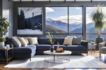 Modern living room with a panoramic mountain view. Features a light blue sectional, armchairs, a coffee table with vases, a beige rug, dark grey walls, and potted plants