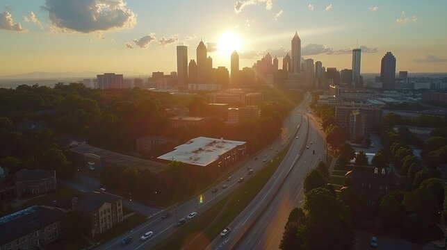 Aerial View of Atlanta Skyline at Sunset