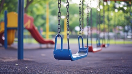A peaceful scene of empty swings hanging in a playground.