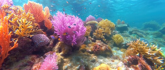Naklejka premium Diverse Marine Life in Colorful Coral Reef Ecosystem